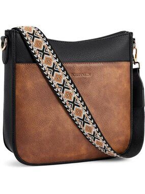 Women's Black Brown Vegan Leather Crossbody Bags Trendy Wide Shoulder Strap Bags